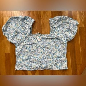 Blue Floral Puff Sleeve Crop Top